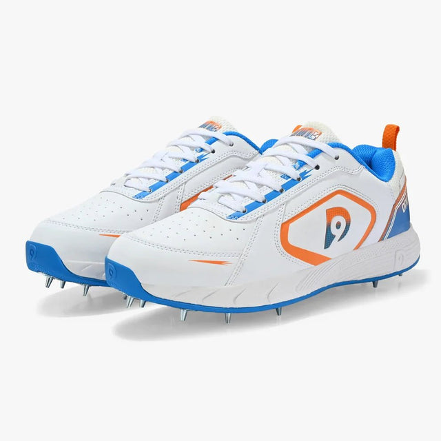 Dnine Thunder 1 Spike White Orange Blue Cricket Shoes Combo - Indian Cricket Store