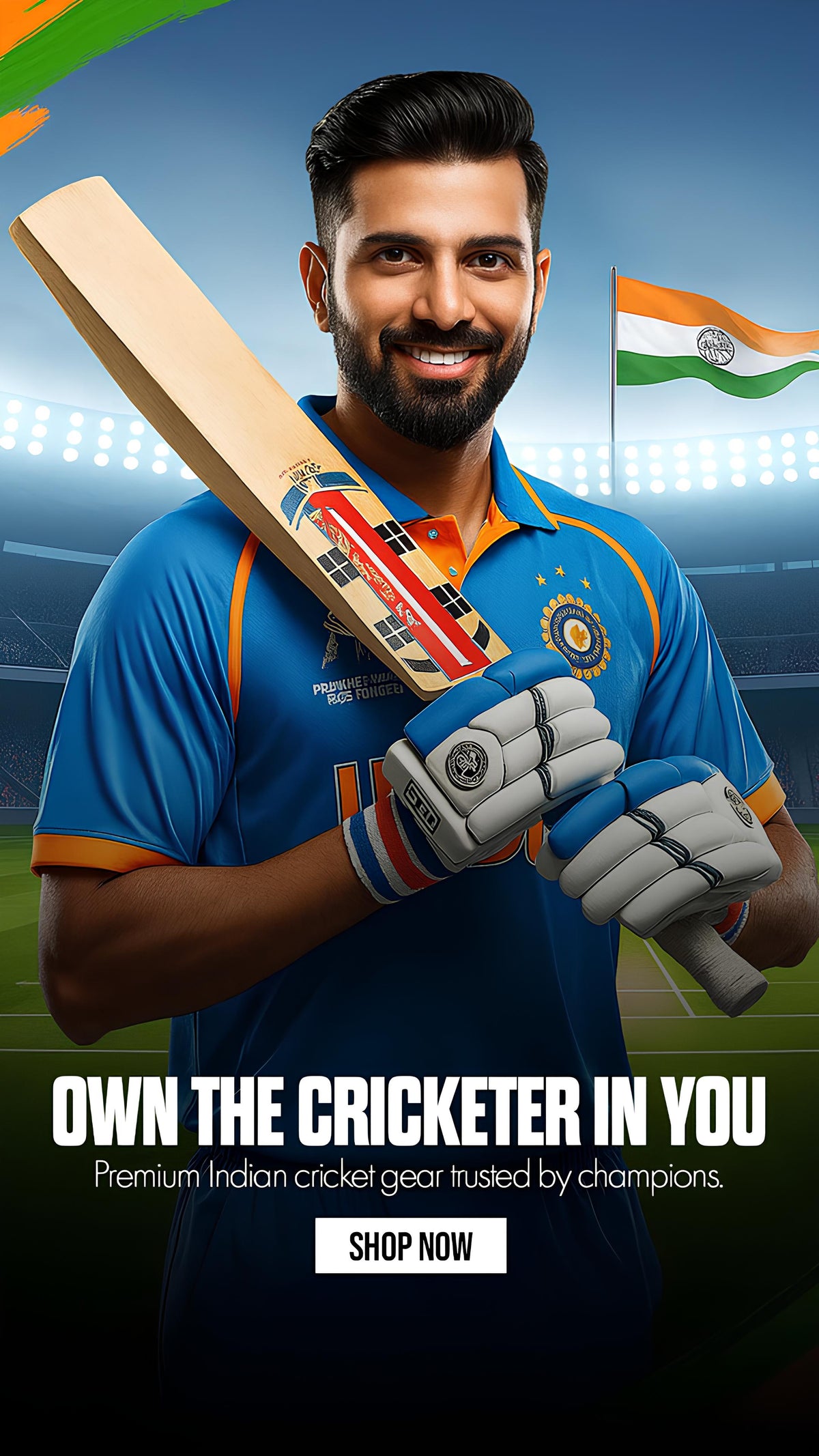 Close-up of a cricketer holding a cricket bat and wearing batting gloves