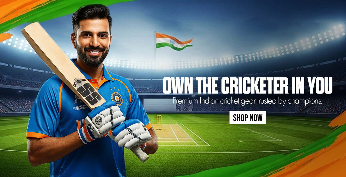 Smiling Indian cricketer holding cricket bat with gloves and jersey in stadium promoting premium cricket gear