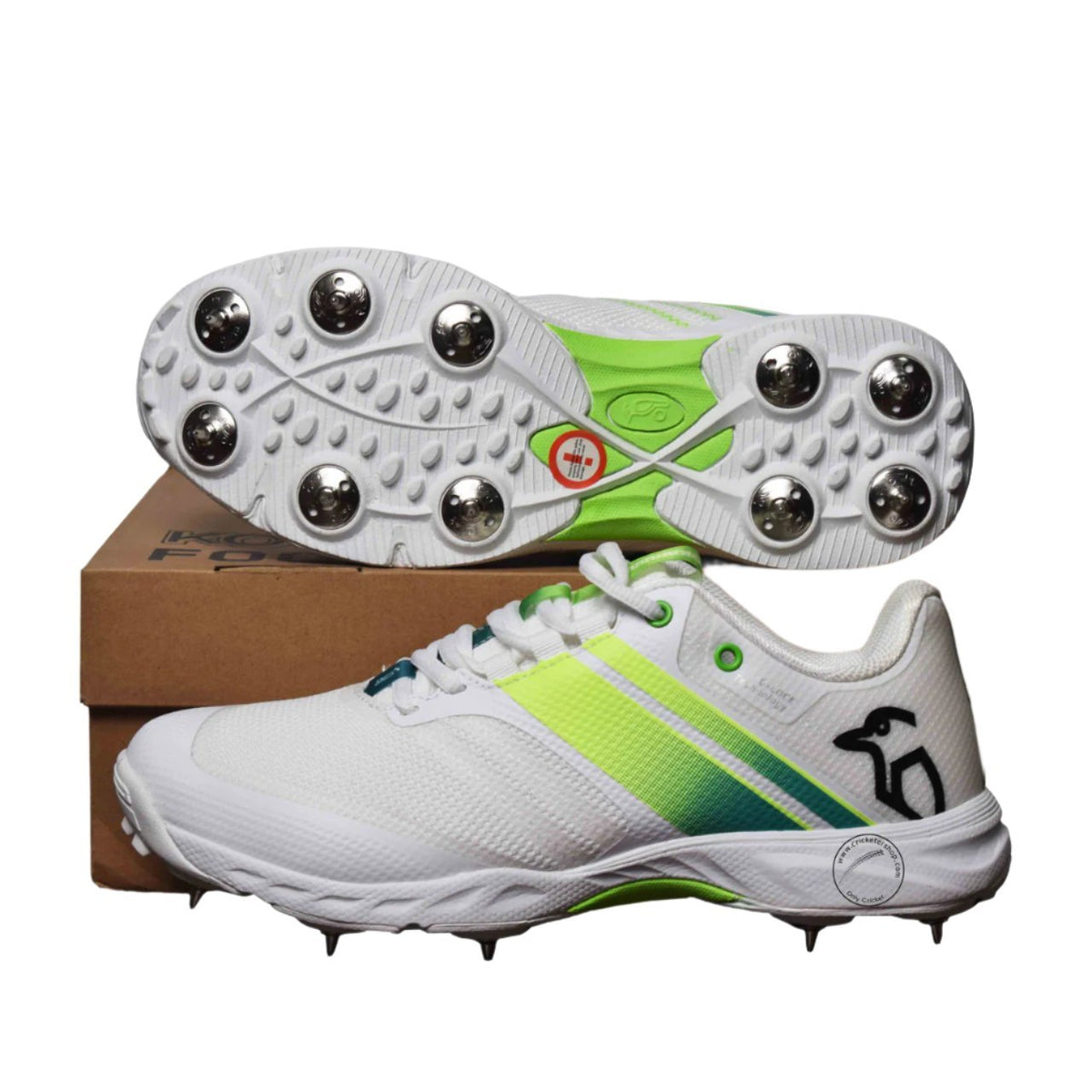 Kookaburra Pro 2.0 Cricket Spikes Shoes White Green - Indian Cricket Store