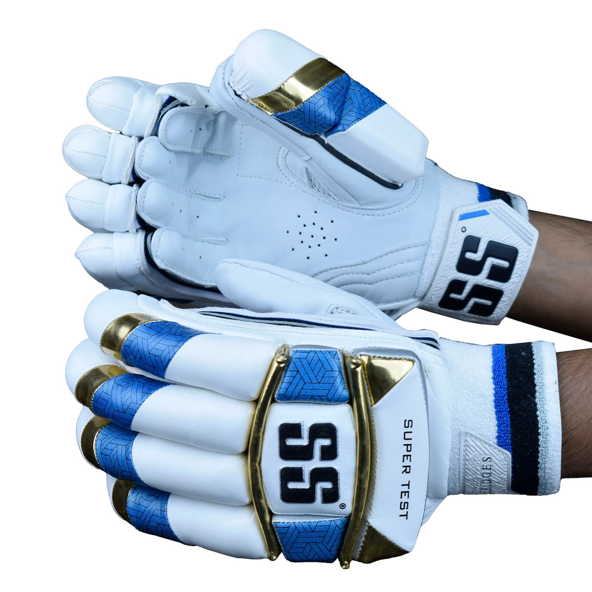 SS Super Test White Teal Gold Cricket Batting Gloves Adult - Indian Cricket Store